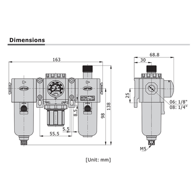GTC20008LTK AIRTAC SMALL FRL ASSEMBLY GTC200 SERIES 1/4" NPT P-FILT, REG, LUB 20-58 PSI 40 MIC W/ INT CHK